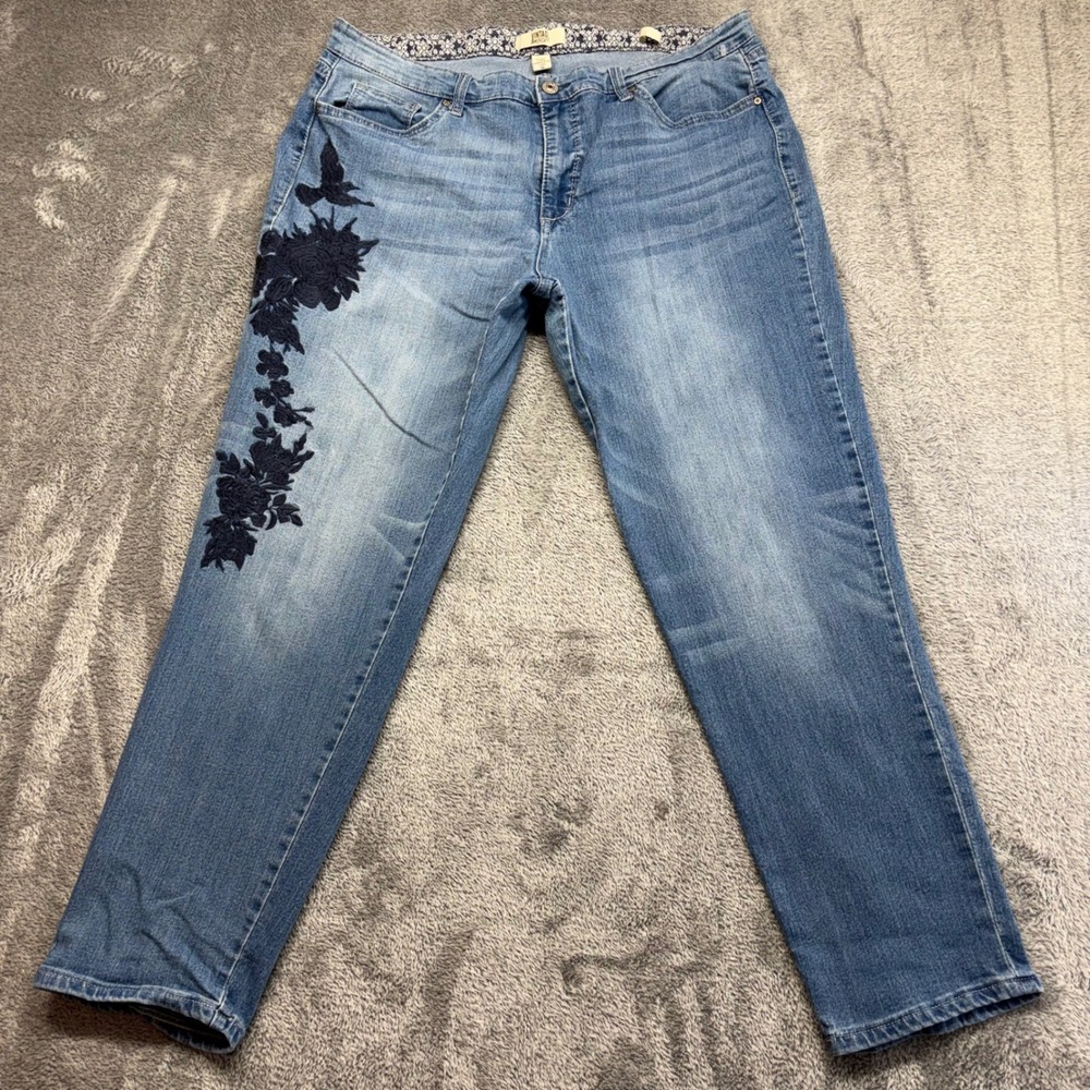 Vintage America Blues Boyfriend Jeans‎ Women 14 Blue Good Floral Embroidered Zip